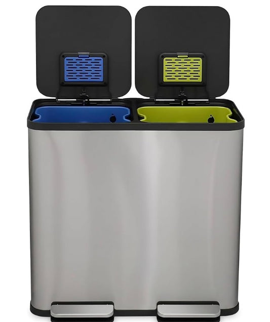 70 Liter / 18.5 Gallon Rectangular Hands-Free Dual Compartment Recycling Kitchen Step Trash Can with Soft-Close Single Lid, Stainless Steel (40L x 30 L Capacity) Stainless Steel Finish