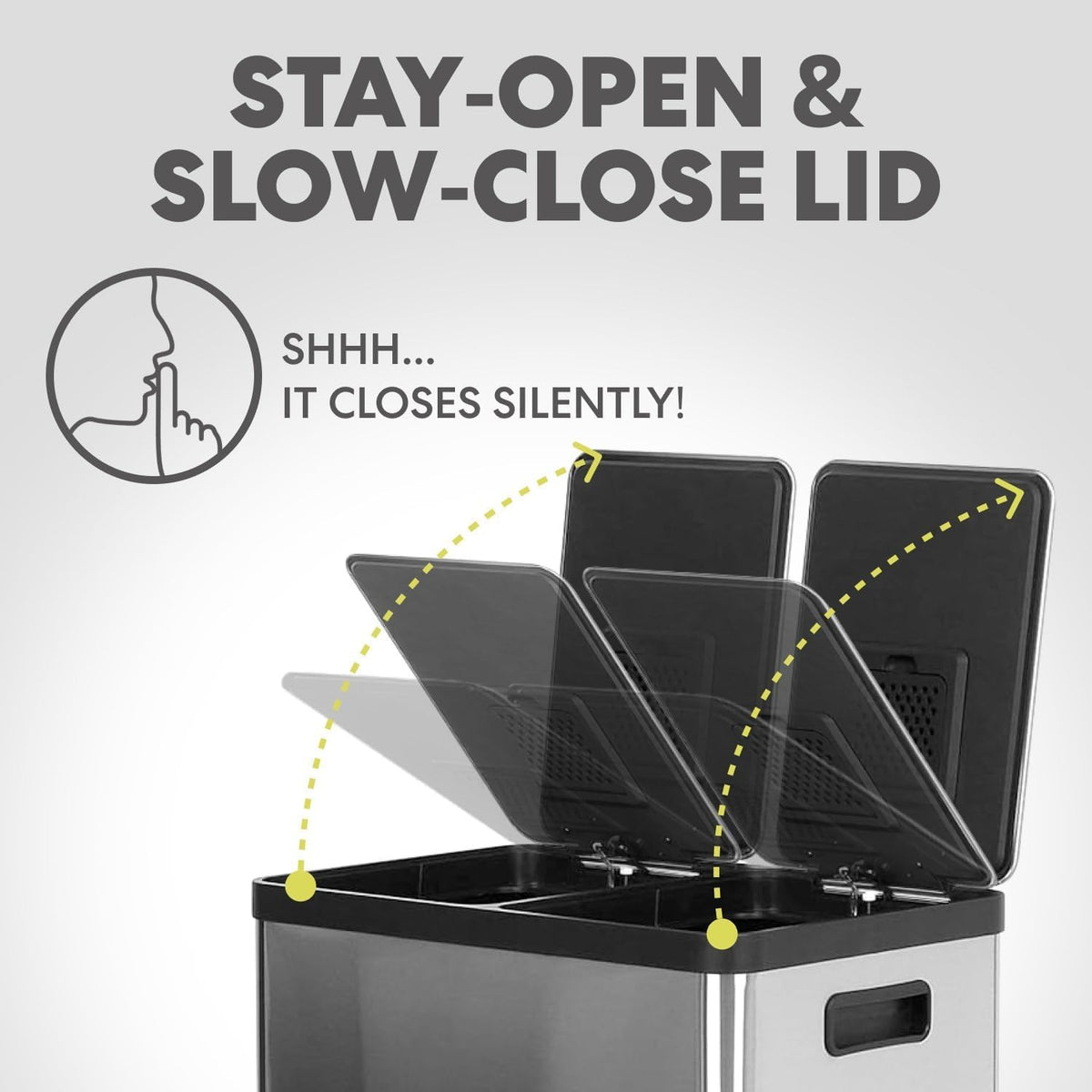 SIMPLI-MAGIC 16 Gallon (30L x 30L) Dual Compartment Step Trash Can – Kitchen Garbage Can with Slow-Close Lids – Waste & Recycling Bins, Odor Control, Hands-Free, Easy to Clean, Stainless Steel