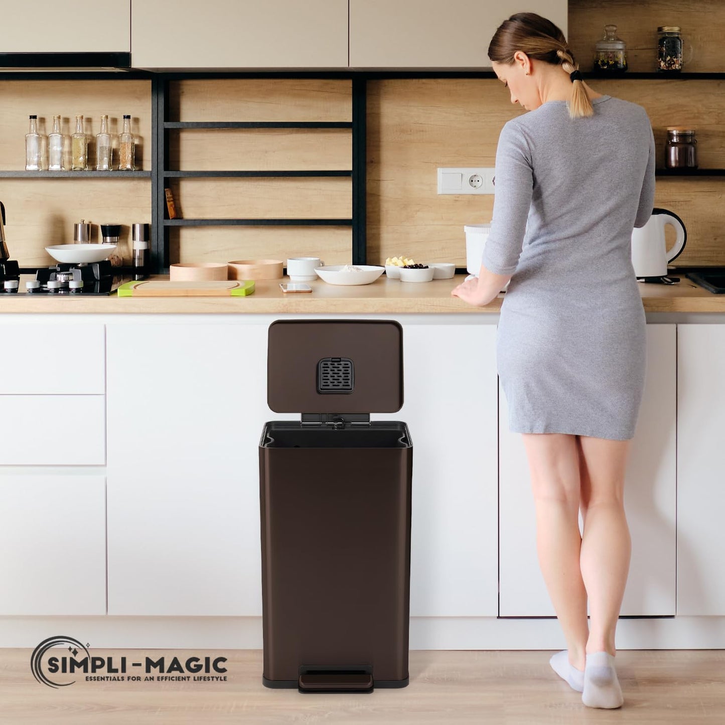 SIMPLI-Magic 13.2 Gallon/50 Liter, Kitchen Trash Can, Stainless Steel, Step-On Garbage Bin with Removable Inner Bucket for Kitchen, Office, and Bedroom, Brown