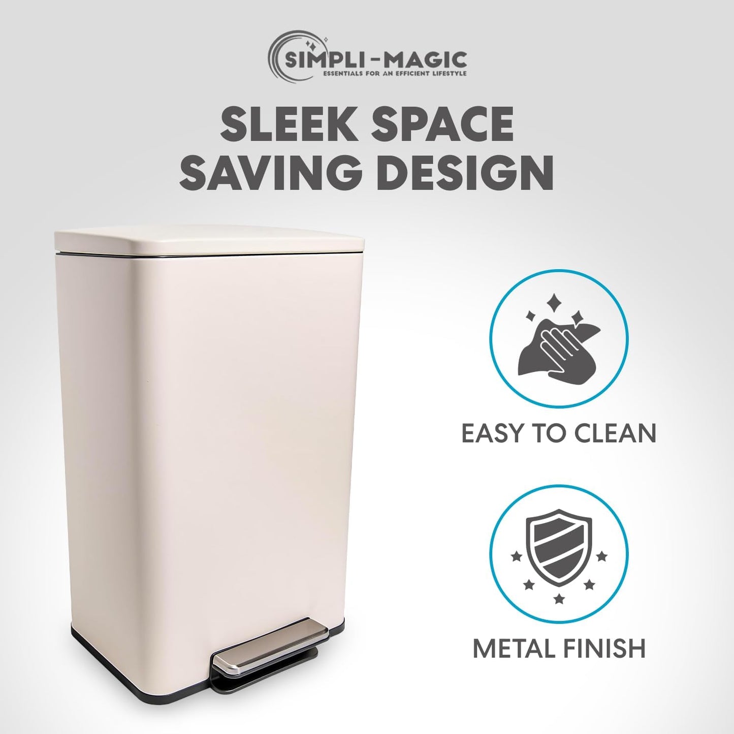 SIMPLI-Magic 13.2 Gallon/50 Liter, Kitchen Trash Can, Stainless Steel, Step-On Garbage Bin with Removable Inner Bucket for Kitchen, Office, and Bedroom, White
