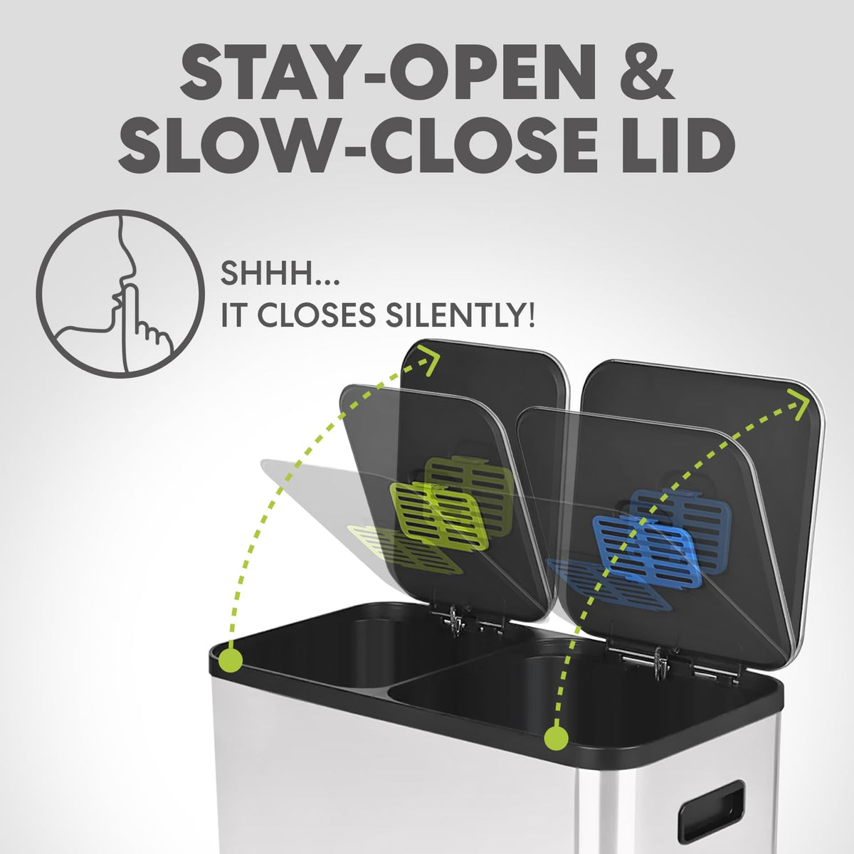 SIMPLI-MAGIC 70 Liter / 18.5 Gallon Dual Compartment Recycling Trash Can – Hands-Free Kitchen Step Bin with Soft-Close Lid, Odor Filter, Stainless Steel Foot Pedal, Black Finish (40L + 30L), White