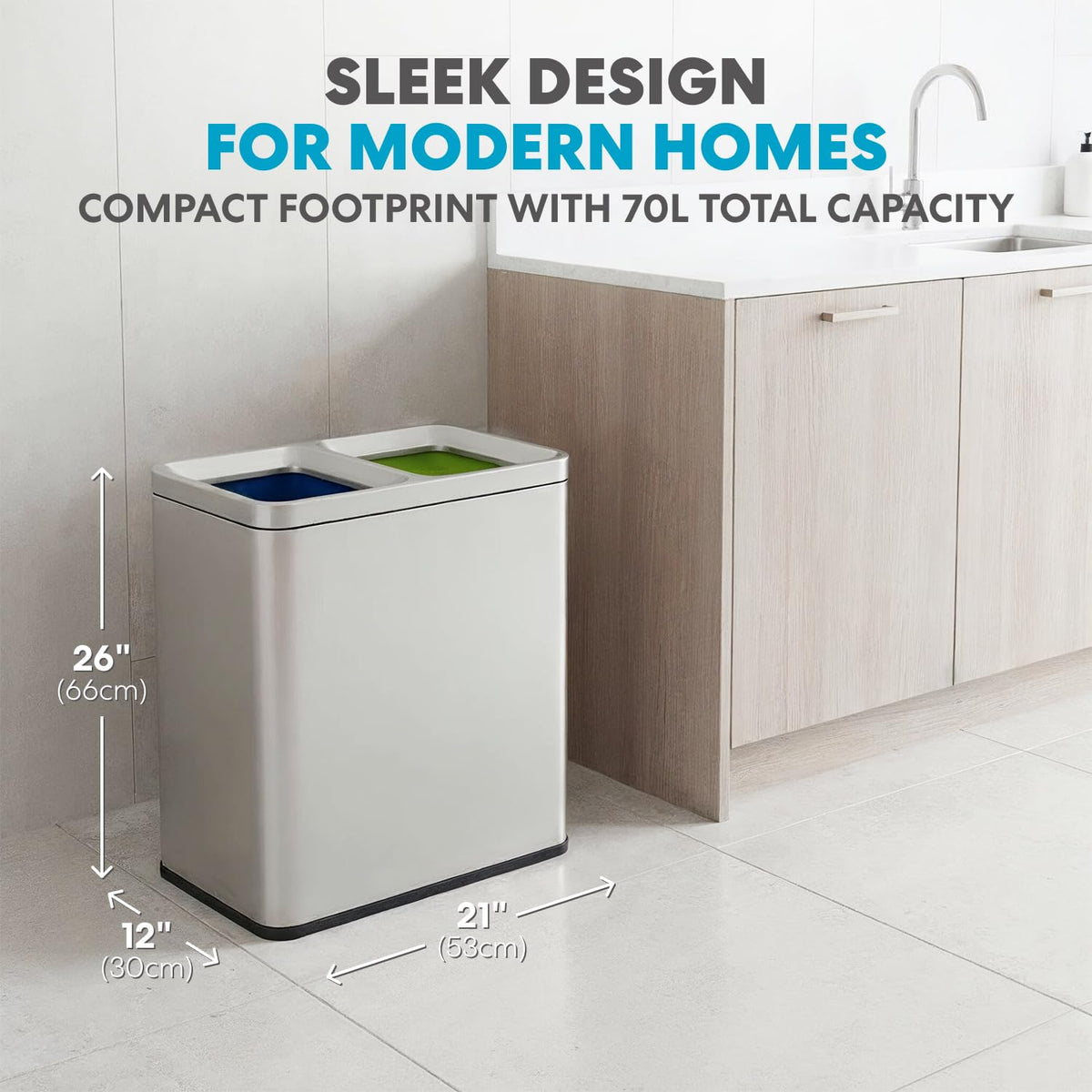 SIMPLI-MAGIC 18.5 Gallon Dual Compartment Open Top Trash Can, Rectangular Stainless Steel Recycling Bin for Kitchen, Office & Commercial Use (40L + 30L / 70L Total Capacity)