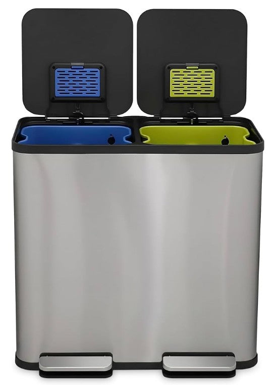 80 Liter / 21 Gallon Rectangular Hands-Free Dual Compartment Recycling Kitchen Step Trash Can with Soft-Close Single Lid, Stainless Steel (40L x 40 L Capacity) Stainless Steel Finish