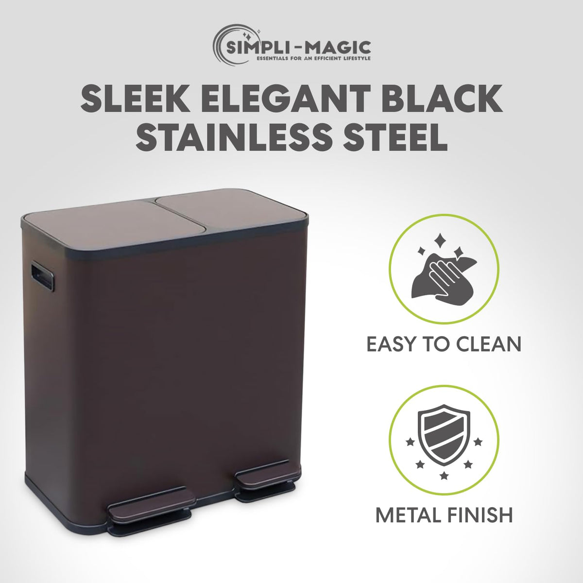 SIMPLI-MAGIC 18.5 Gallon (70L) Dual Compartment Kitchen Trash Can - Hands-Free Step Pedal, Soft-Close Lid, Stainless Steel Recycling Bin with Odor Filter (40L + 30L)