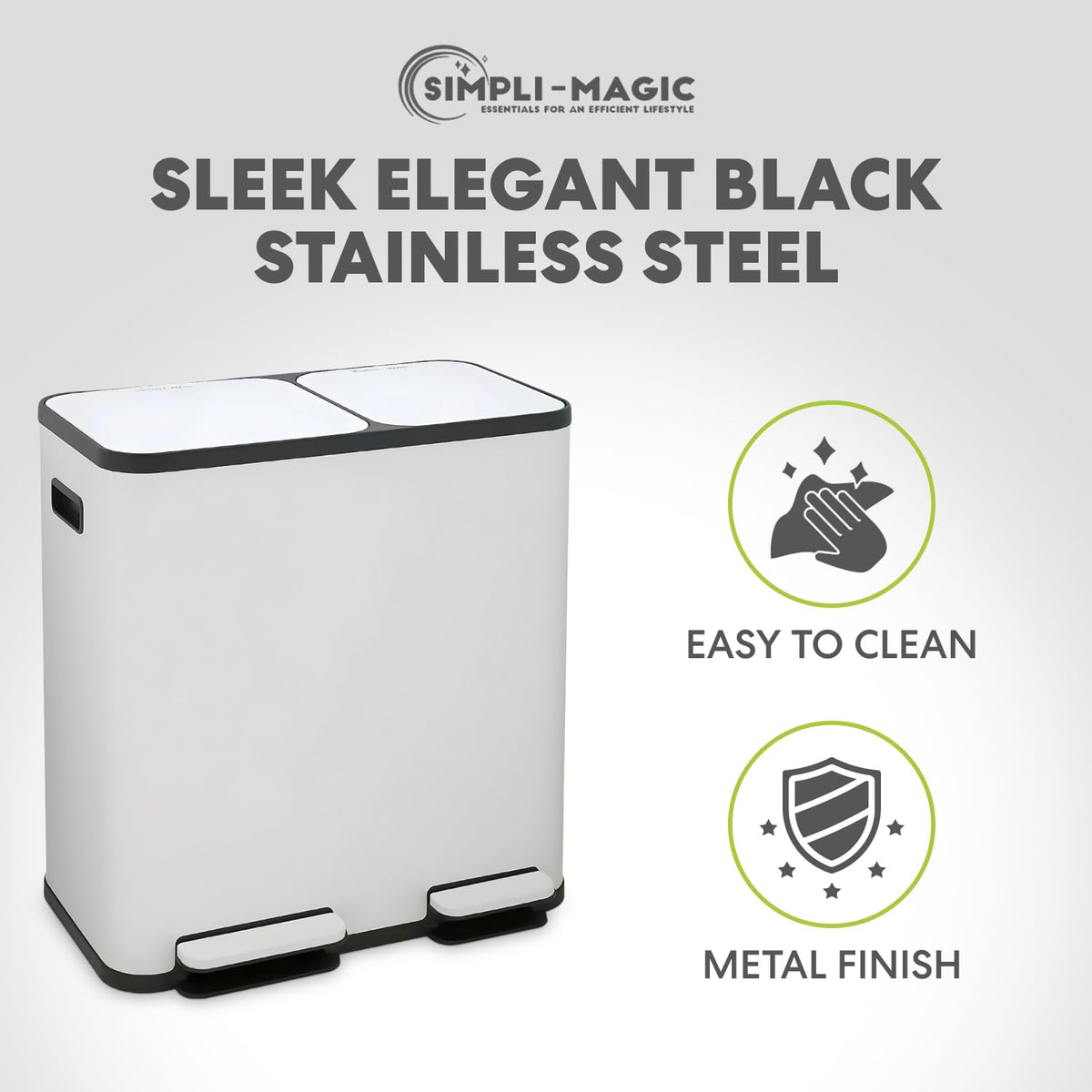 SIMPLI-MAGIC 70 Liter / 18.5 Gallon Dual Compartment Recycling Trash Can – Hands-Free Kitchen Step Bin with Soft-Close Lid, Odor Filter, Stainless Steel Foot Pedal, Black Finish (40L + 30L), White