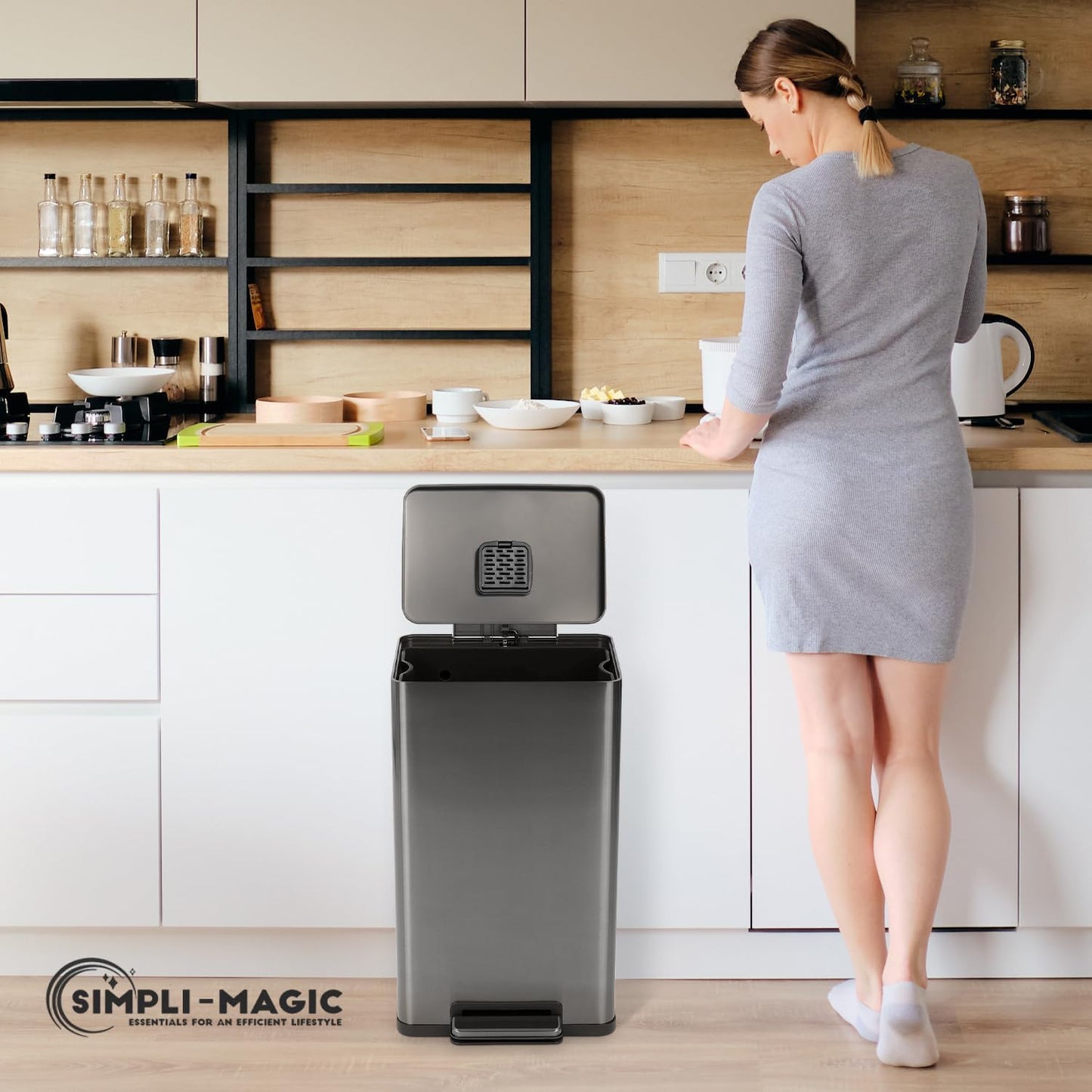 SIMPLI-Magic 13.2 Gallon/50 Liter, Kitchen Trash Can, Stainless Steel, Step-On Garbage Bin with Removable Inner Bucket for Kitchen, Office, and Bedroom, Gunmetal
