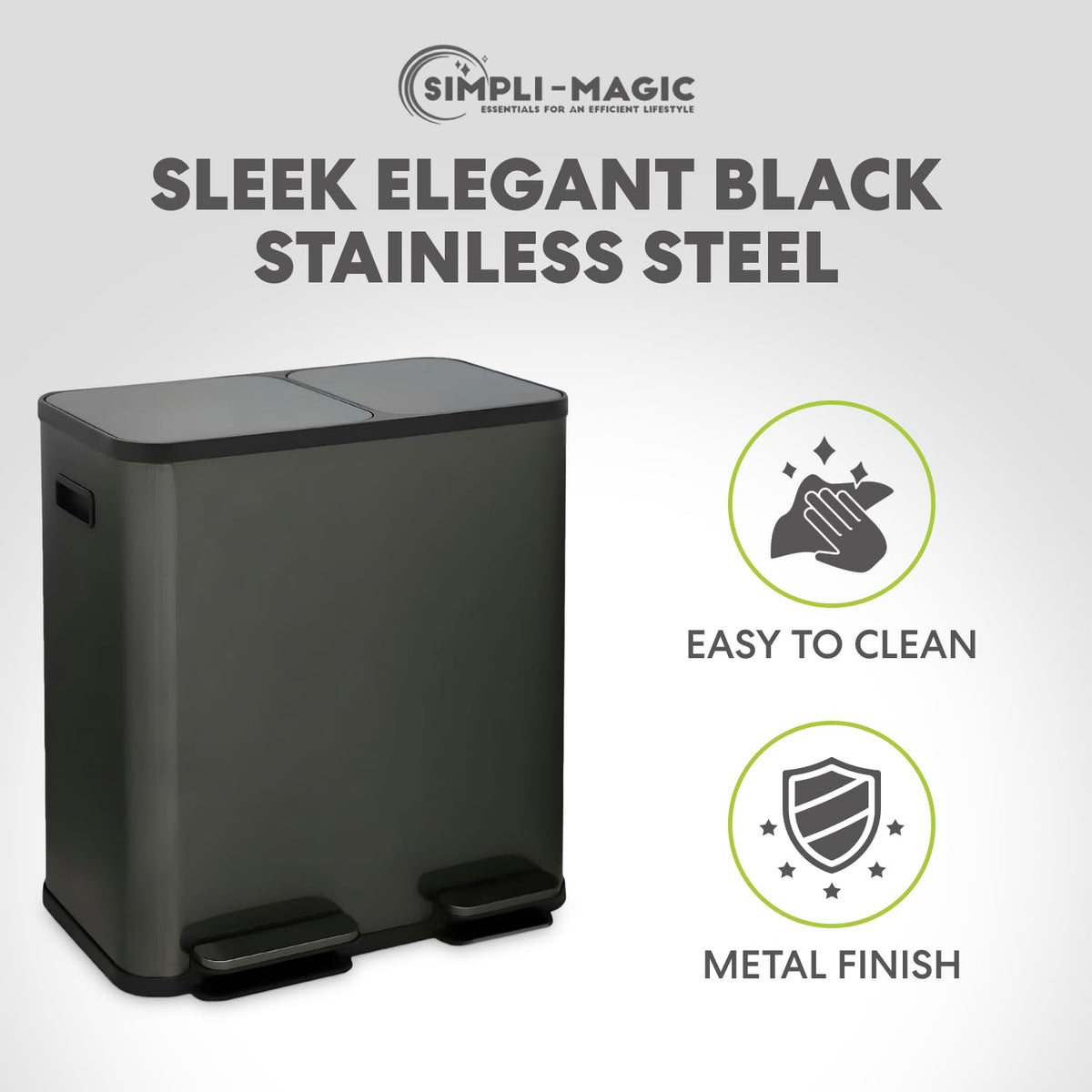 SIMPLI-MAGIC 18.5 Gallon (70L) Dual Compartment Kitchen Trash Can - Hands-Free Step Pedal, Soft-Close Lid, Stainless Steel Recycling Bin with Odor Filter (40L + 30L), Black