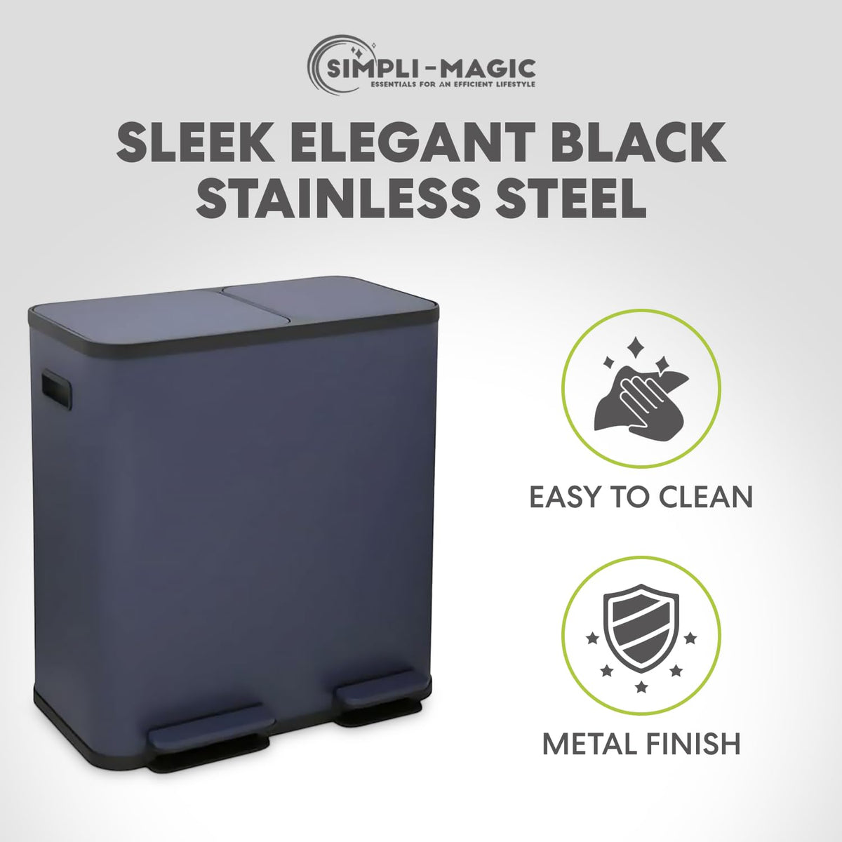SIMPLI-MAGIC 70 Liter / 18.5 Gallon Dual Compartment Recycling Trash Can – Hands-Free Kitchen Step Bin with Soft-Close Lid, Odor Filter, Stainless Steel Foot Pedal, Black Finish (40L + 30L), Blue