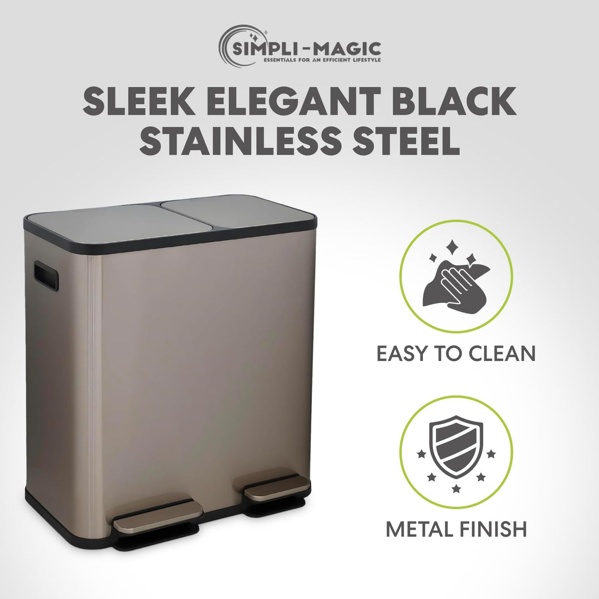 SIMPLI-MAGIC 70 Liter / 18.5 Gallon Dual Compartment Recycling Trash Can – Hands-Free Kitchen Step Bin with Soft-Close Lid, Odor Filter, Stainless Steel Foot Pedal, (40L + 30L) Rose Gold Finish