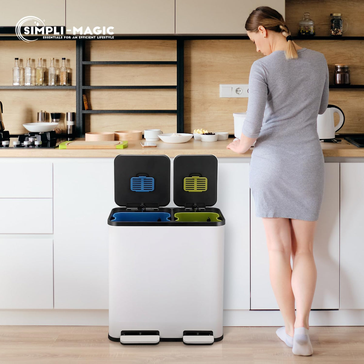 SIMPLI-MAGIC 70 Liter / 18.5 Gallon Dual Compartment Recycling Trash Can – Hands-Free Kitchen Step Bin with Soft-Close Lid, Odor Filter, Stainless Steel Foot Pedal, Black Finish (40L + 30L), White