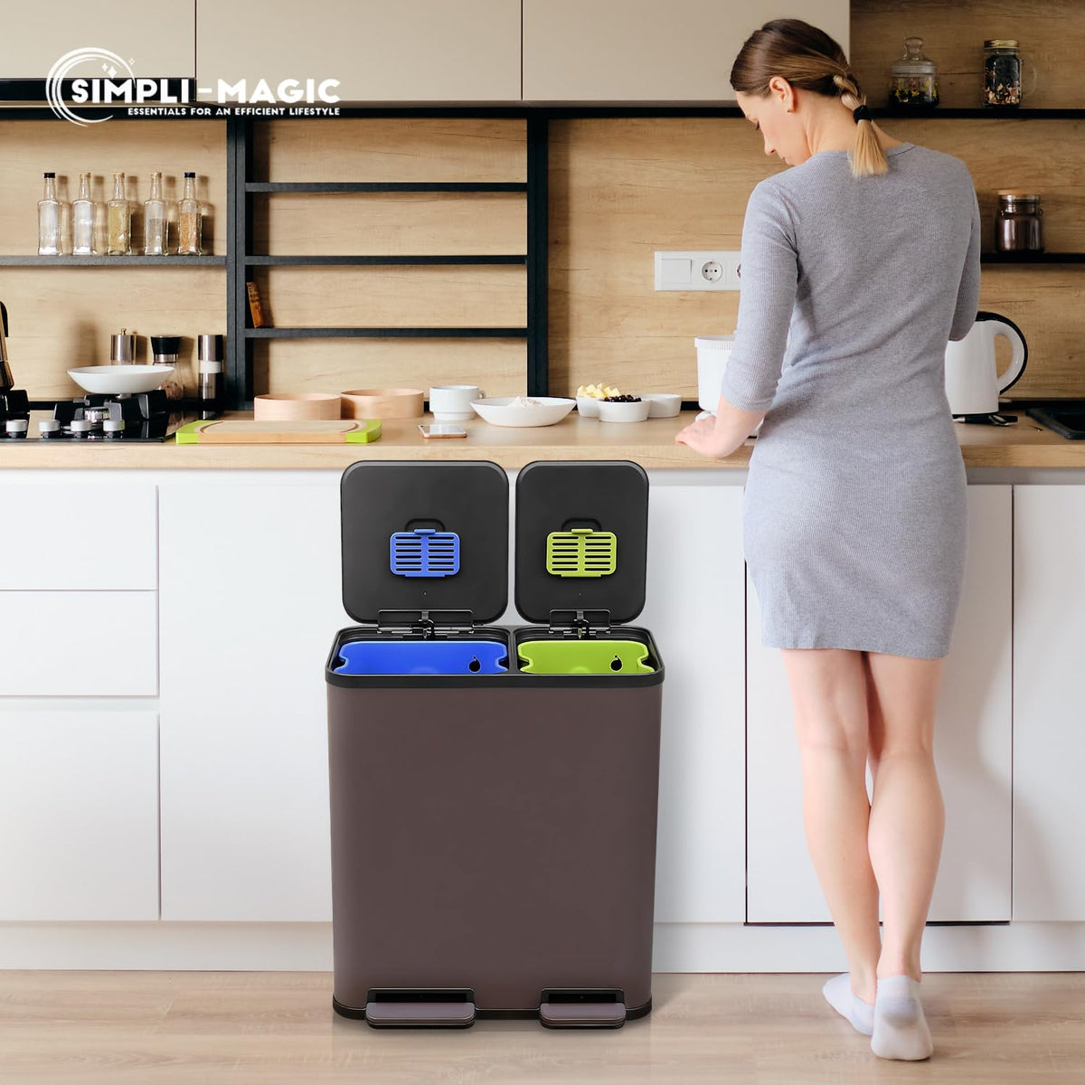 SIMPLI-MAGIC 18.5 Gallon (70L) Dual Compartment Kitchen Trash Can - Hands-Free Step Pedal, Soft-Close Lid, Stainless Steel Recycling Bin with Odor Filter (40L + 30L)