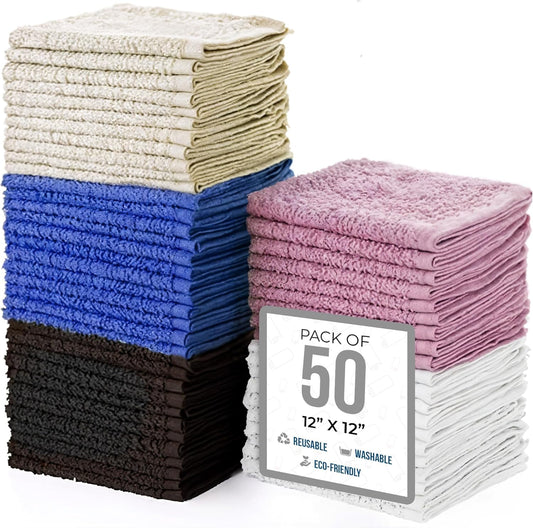 Simpli-Magic Cotton Wash Cloths 12"x12" (50 Pack) – Highly Absorbent Soft Towels – Commercial Terry Washcloth for Face, Hand, Bath, Kitchen, Gym & Hotel (Multicolor)
