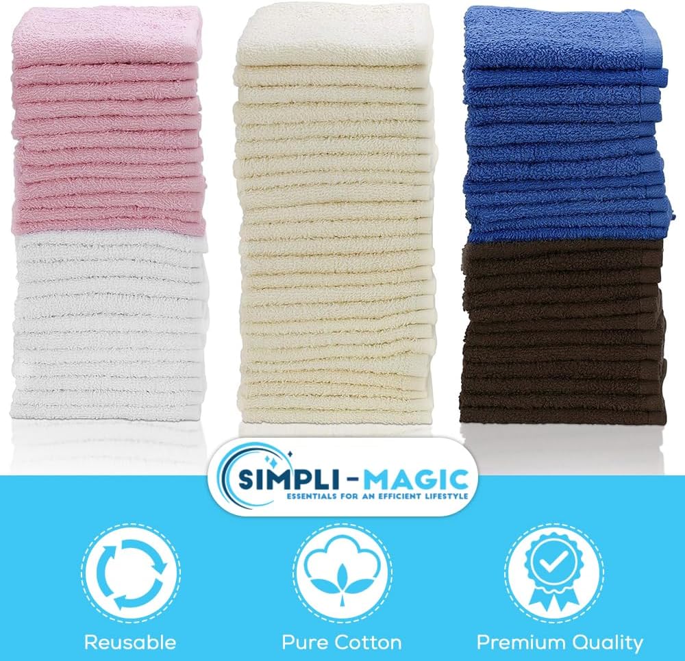 Simpli-Magic Cotton Wash Cloths 12"x12" (50 Pack) – Highly Absorbent Soft Towels – Commercial Terry Washcloth for Face, Hand, Bath, Kitchen, Gym & Hotel (Multicolor)