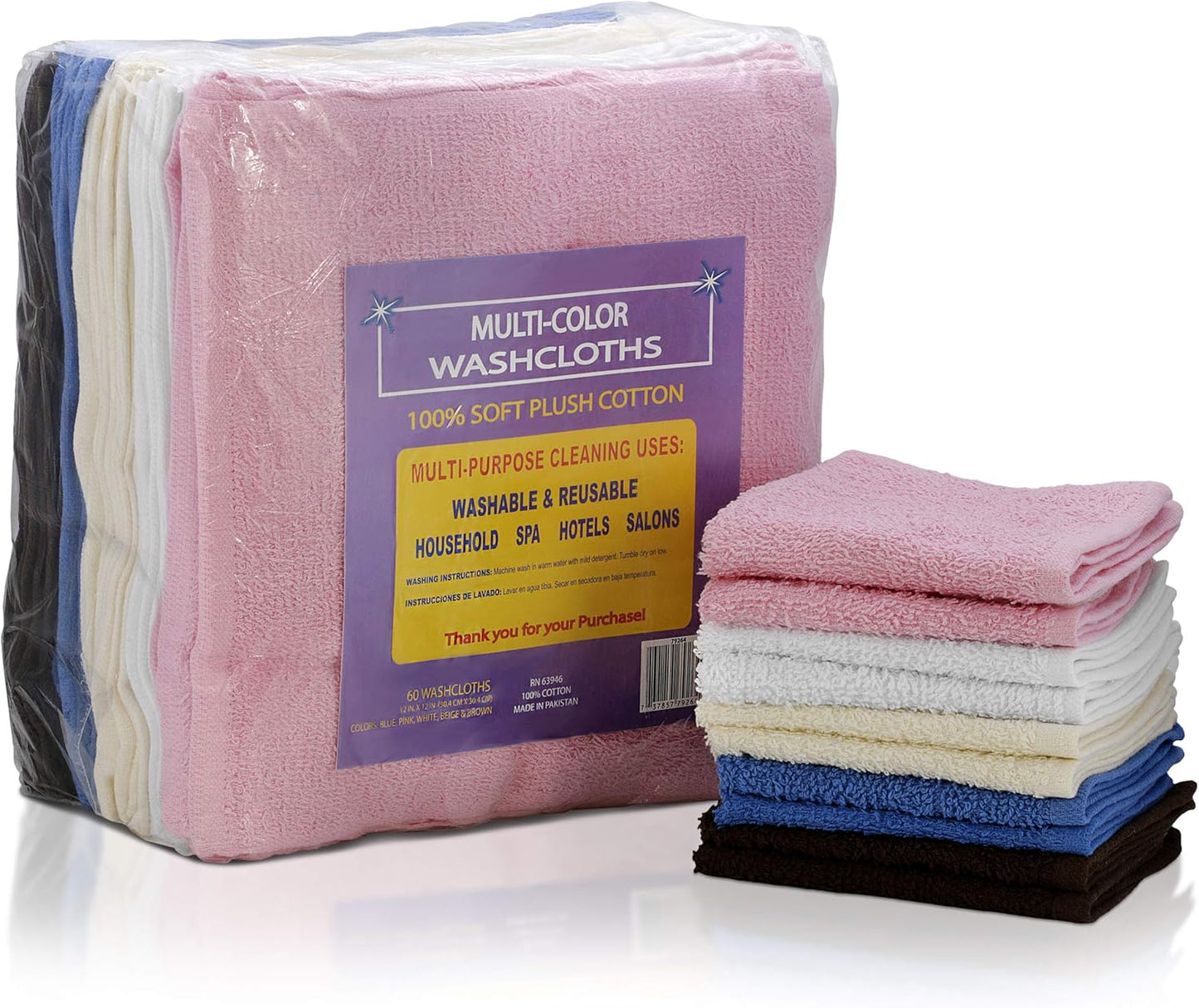 Simpli-Magic Cotton Wash Cloths 12"x12" (50 Pack) – Highly Absorbent Soft Towels – Commercial Terry Washcloth for Face, Hand, Bath, Kitchen, Gym & Hotel (Multicolor)