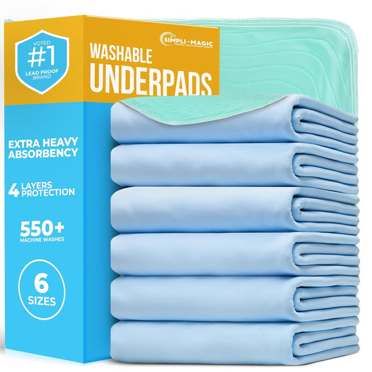 Simpli-Magic Washable Underpads, 34"x36" (Pack of 6) - Heavy Absorbency Reusable Bedwetting Incontinence Pads for Kids,Adults,Elderly,and Pets - Waterproof Protective Pad for Bed,Couch,Sofa,Floor