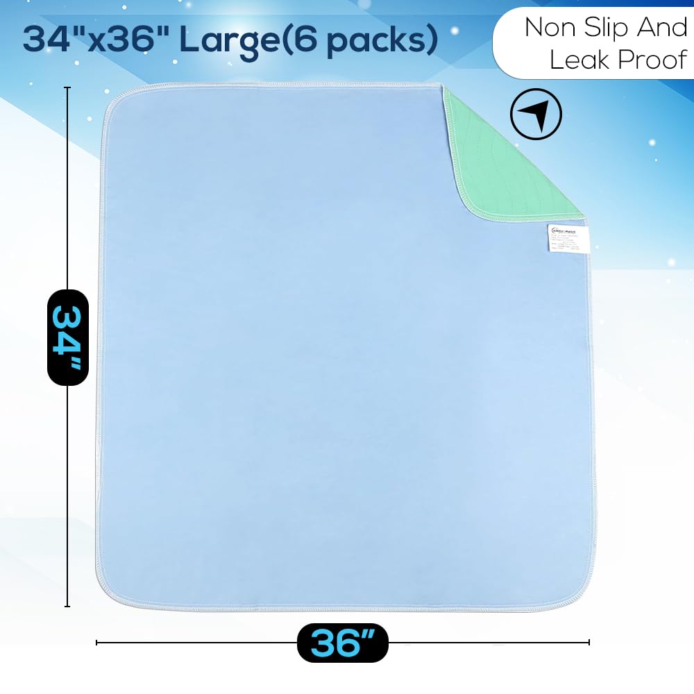 Simpli-Magic Washable Underpads, 34"x36" (Pack of 6) - Heavy Absorbency Reusable Bedwetting Incontinence Pads for Kids,Adults,Elderly,and Pets - Waterproof Protective Pad for Bed,Couch,Sofa,Floor