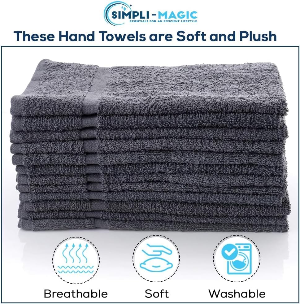 SIMPLI-MAGIC Cotton Hand Towels 16"x27" (12 Pack) – Soft Towels for Bathroom, Kitchen, Salon & Gym (Gray)