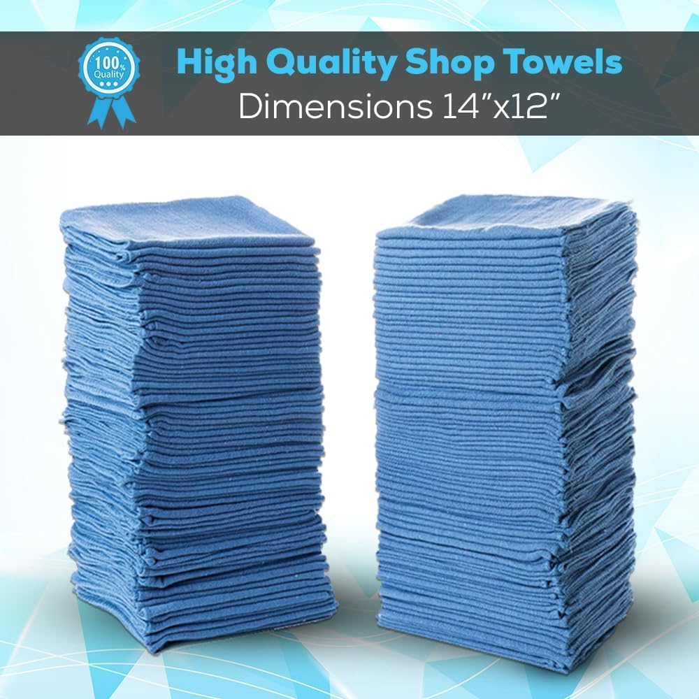 SIMPLI-MAGIC Premium Cotton Shop Towels 14"x12" (100 Pack) – Reusable Cleaning Shop Rags for Automobiles, Industries, Garage and Homes (Blue)