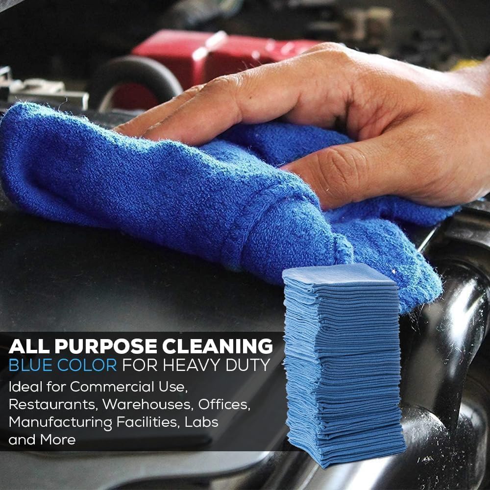 SIMPLI-MAGIC Premium Cotton Shop Towels 14"x12" (100 Pack) – Reusable Cleaning Shop Rags for Automobiles, Industries, Garage and Homes (Blue)