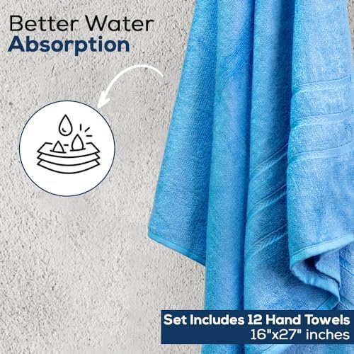 SIMPLI-MAGIC Cotton Hand Towels 16"x27" (12 Pack) – Soft Towels for Bathroom, Kitchen, Salon & Gym (Blue)