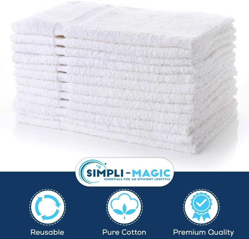 SIMPLI-MAGIC Cotton Hand Towels 16"x27" (12 Pack) – Soft Towels for Bathroom, Kitchen, Salon & Gym (White)