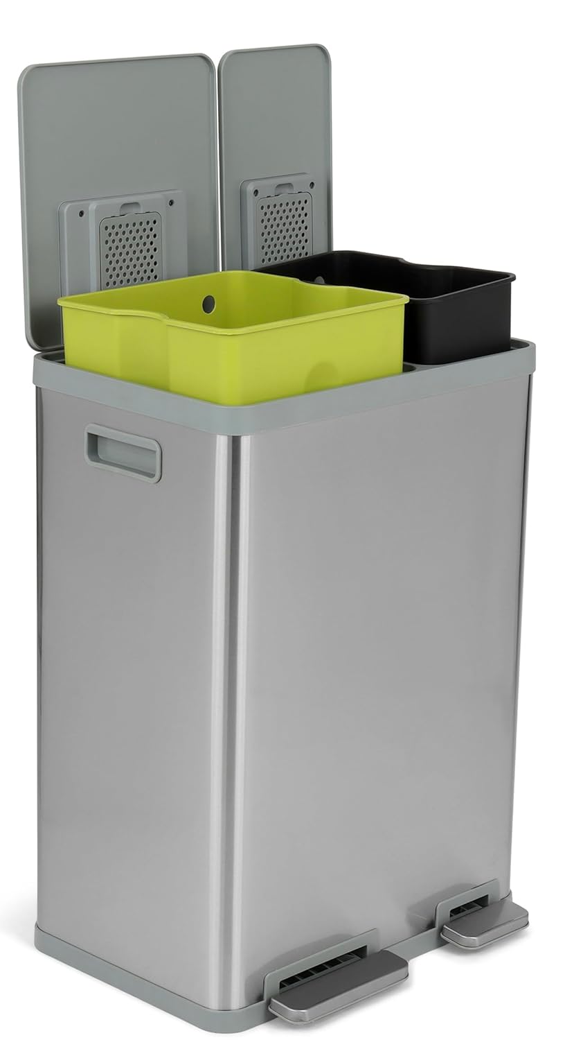 SIMPLI-MAGIC 16 Gallon (38L x 22L) Dual Compartment Step Trash Can – Kitchen Garbage Can With Waste & Recycling Bins – Slow-Close Lid, Odor Control, Hands-Free, Inner Bases, Brushed Stainless Steel