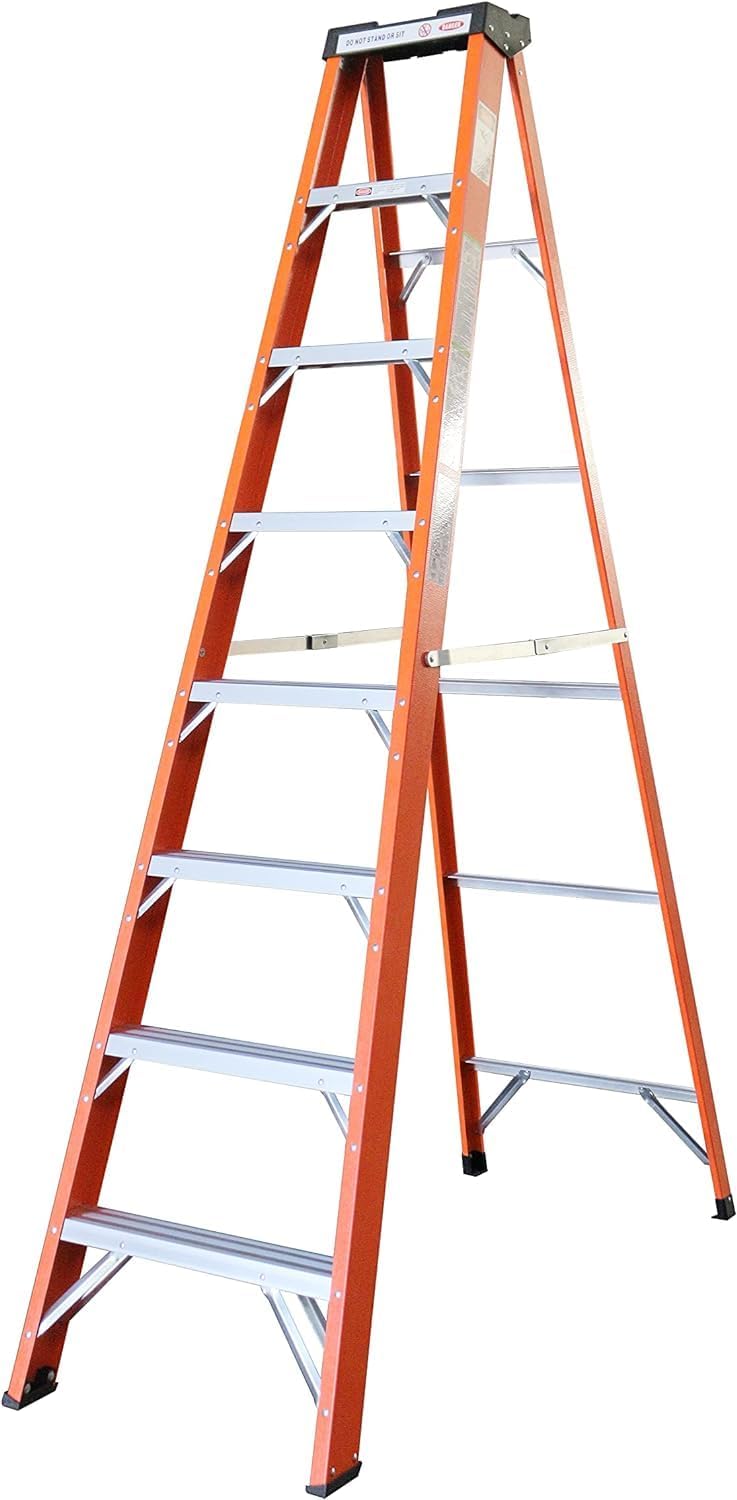 8-Foot Fiberglass Step Ladder, 250 LBS Capacity – 2024 Upgraded, Anti-Slip Rubber Feet, Lightweight & Durable Ladder for Home, Garage & Construction