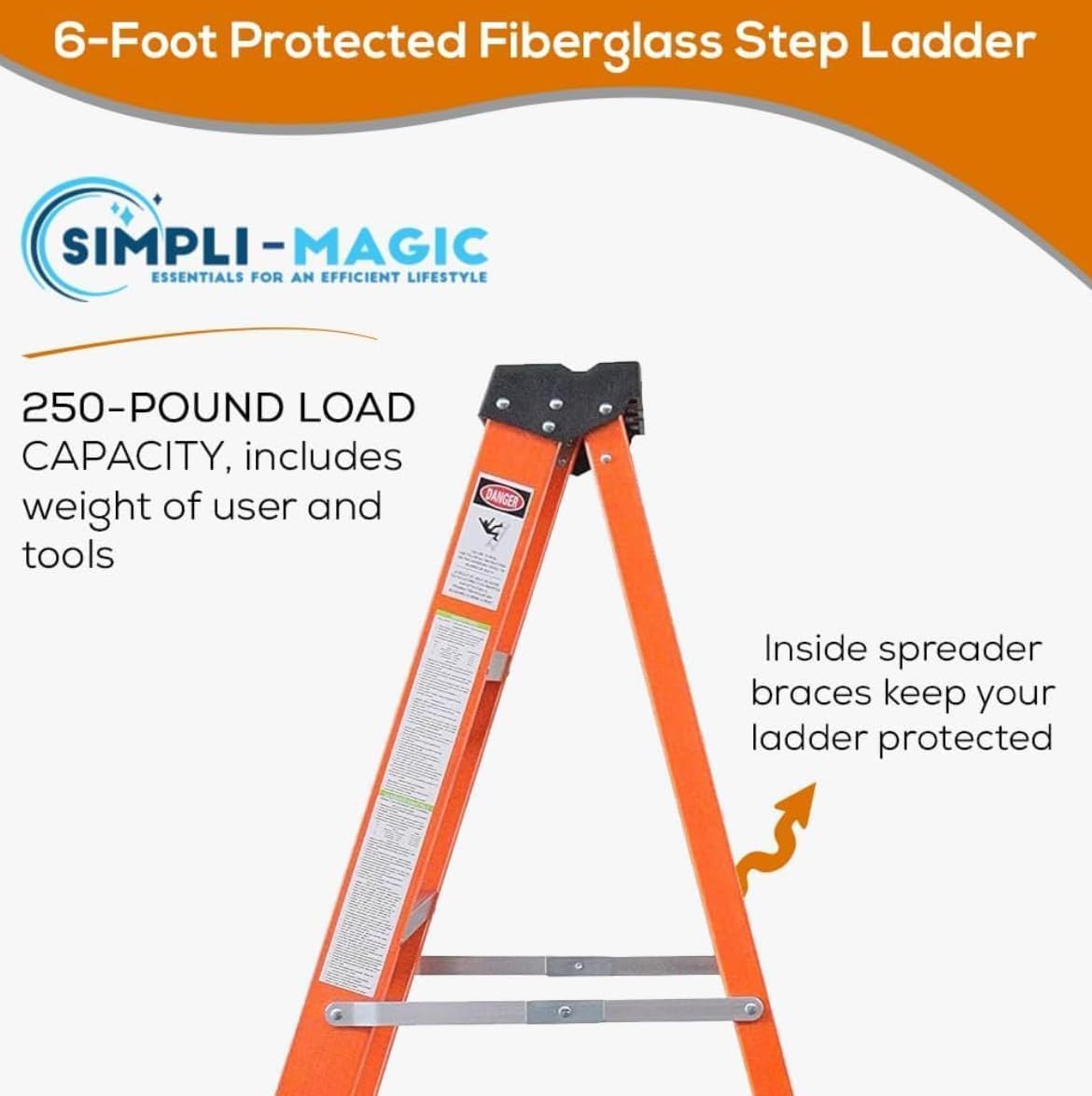 SIMPLI-MAGIC 6-Foot Fiberglass Step Ladder, 250 LBS Capacity – 2024 Upgraded, Anti-Slip Rubber Feet, Lightweight & Durable Ladder for Home, Garage & Construction – Meets ANSI Requirements