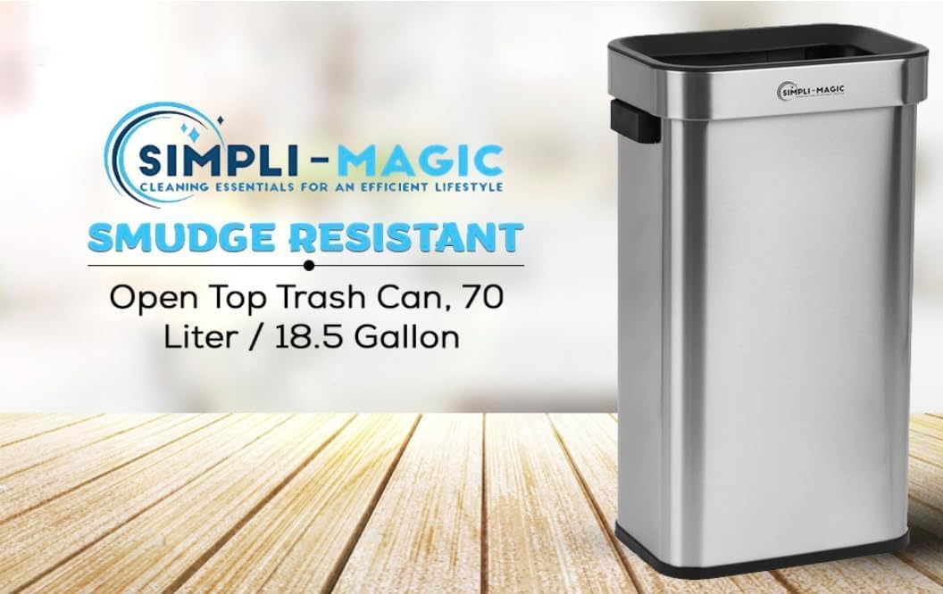 SIMPLI-MAGIC 18.5 Gallon (70L) Open Top Trash Can – Rectangular Commercial Trash Can – Smudge-Resistant, Easy to Clean, Non-Skid Base, Brushed Stainless Steel