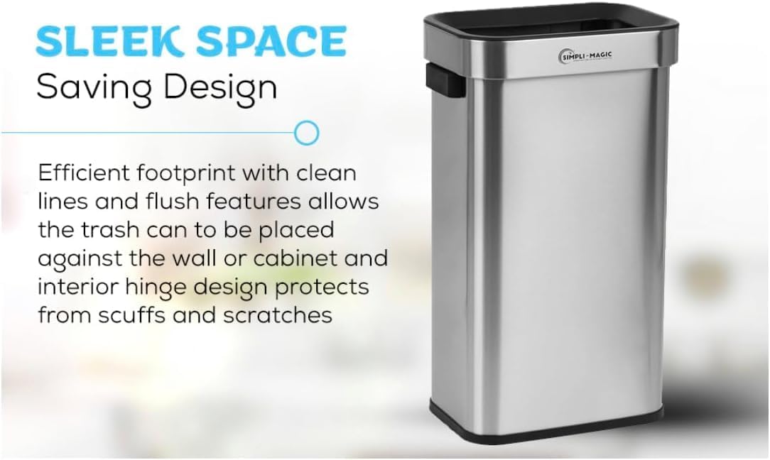 SIMPLI-MAGIC 18.5 Gallon (70L) Open Top Trash Can – Rectangular Commercial Trash Can – Smudge-Resistant, Easy to Clean, Non-Skid Base, Brushed Stainless Steel