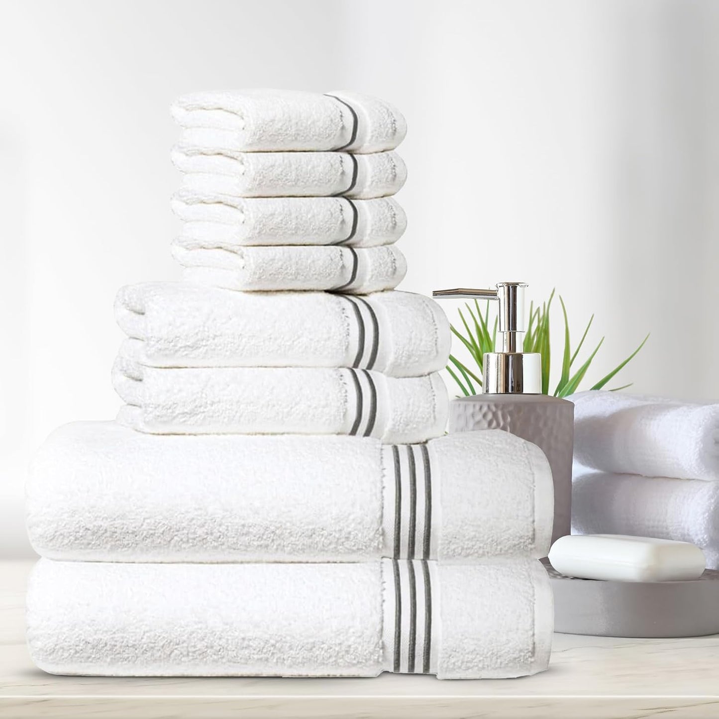 Simpli-Magic 8-Piece Premium Towel Set, 2 Bath Towels, 2 Hand Towels, and 4 Wash Cloths, 100% Ring Spun Cotton Highly Absorbent Towels for Bathroom, Gym, Hotel, and Spa