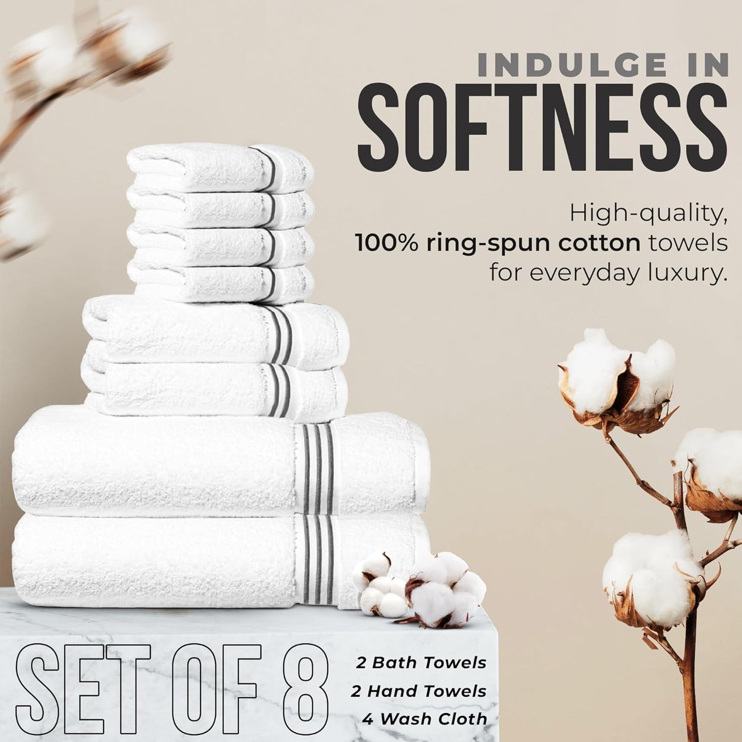 Simpli-Magic 8-Piece Premium Towel Set, 2 Bath Towels, 2 Hand Towels, and 4 Wash Cloths, 100% Ring Spun Cotton Highly Absorbent Towels for Bathroom, Gym, Hotel, and Spa