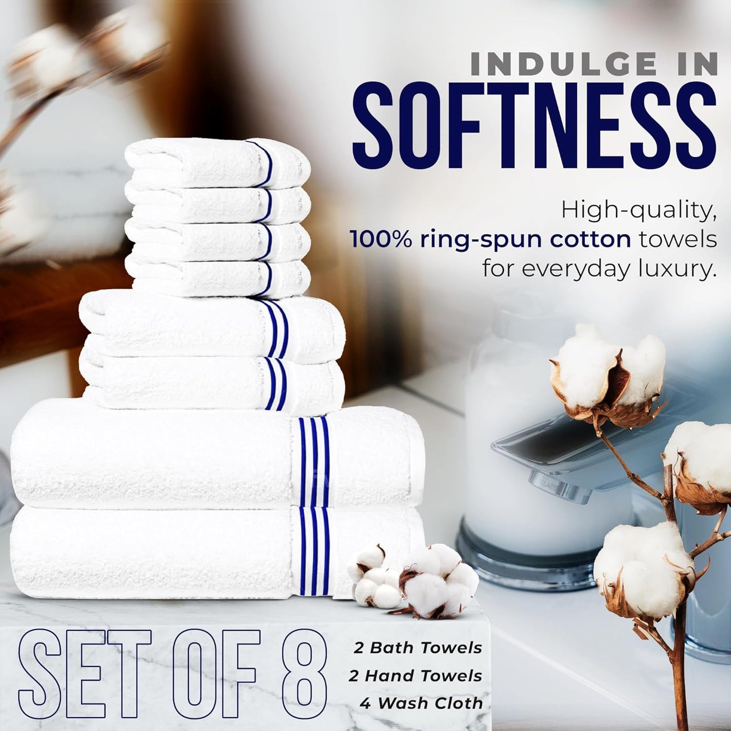 Simpli-Magic 8-Piece Premium Towel Set, 2 Bath Towels, 2 Hand Towels, and 4 Wash Cloths, 100% Ring Spun Cotton Highly Absorbent Towels for Bathroom, Gym, Hotel, and Spa