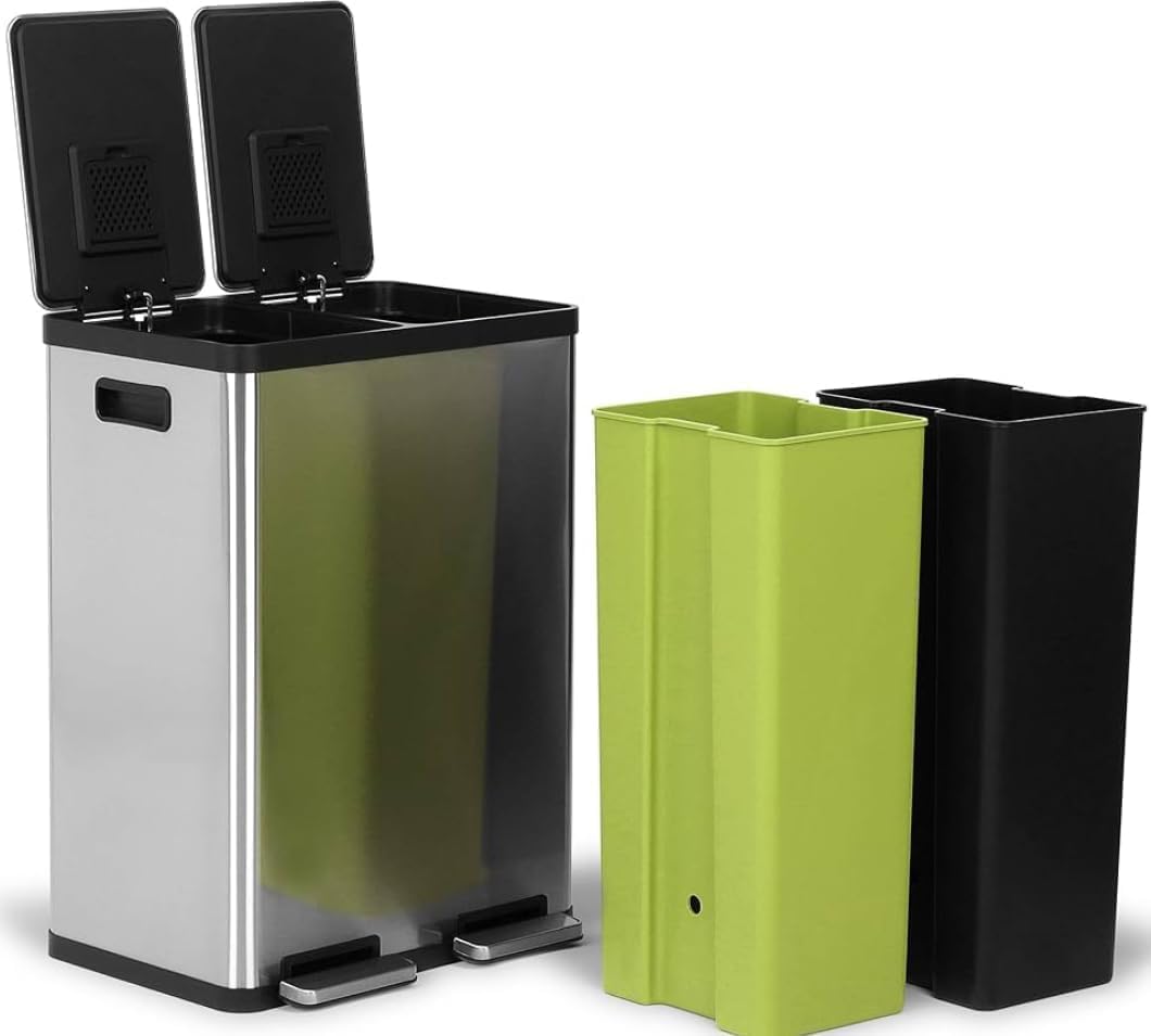 SIMPLI-MAGIC 16 Gallon (60L) Step Trash Can – Dual Compartment Kitchen Garbage Can With Waste & Recycling Bins – Slow-Close Lid, Odor Control, Hands-Free, Inner Bases, Premium Stainless Steel