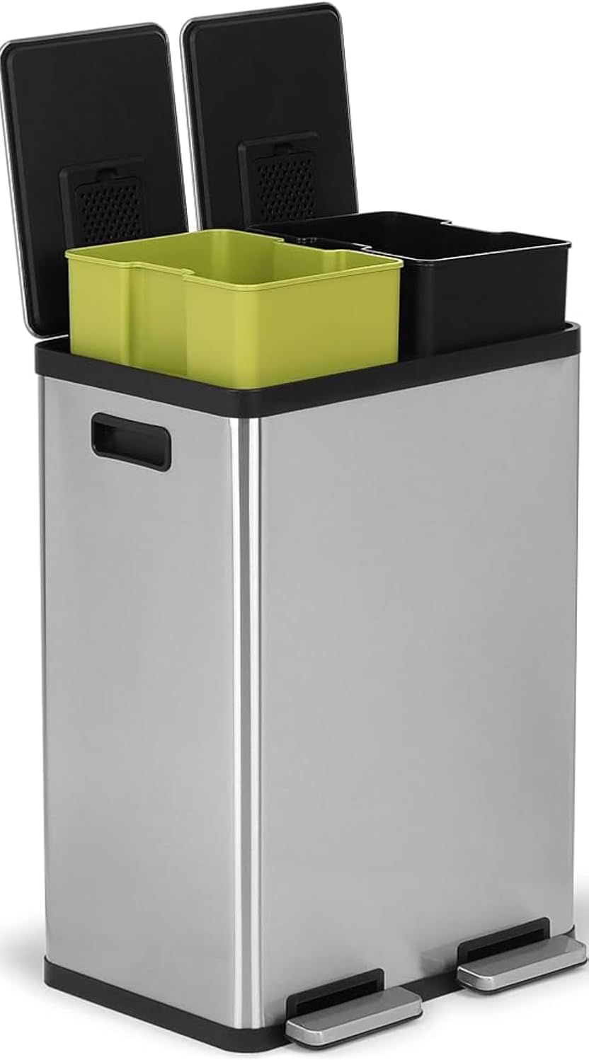 SIMPLI-MAGIC 16 Gallon (60L) Step Trash Can – Dual Compartment Kitchen Garbage Can With Waste & Recycling Bins – Slow-Close Lid, Odor Control, Hands-Free, Inner Bases, Premium Stainless Steel