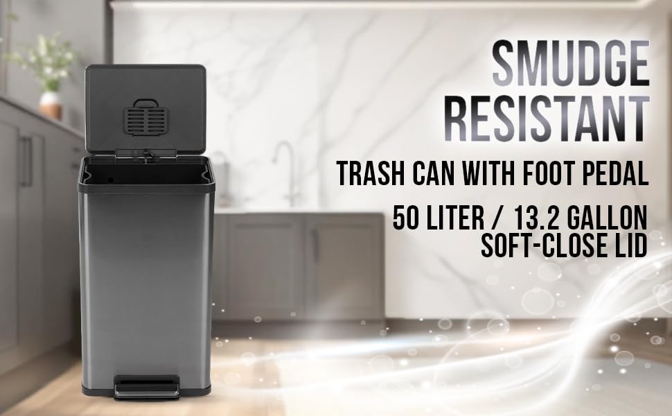 SIMPLI-MAGIC 50 Liter / 13.2 Gallon Soft-Close, Smudge Resistant Trash Can with Foot Pedal and Built in Filter- Stainless Steel, Black Gun Metal Finish