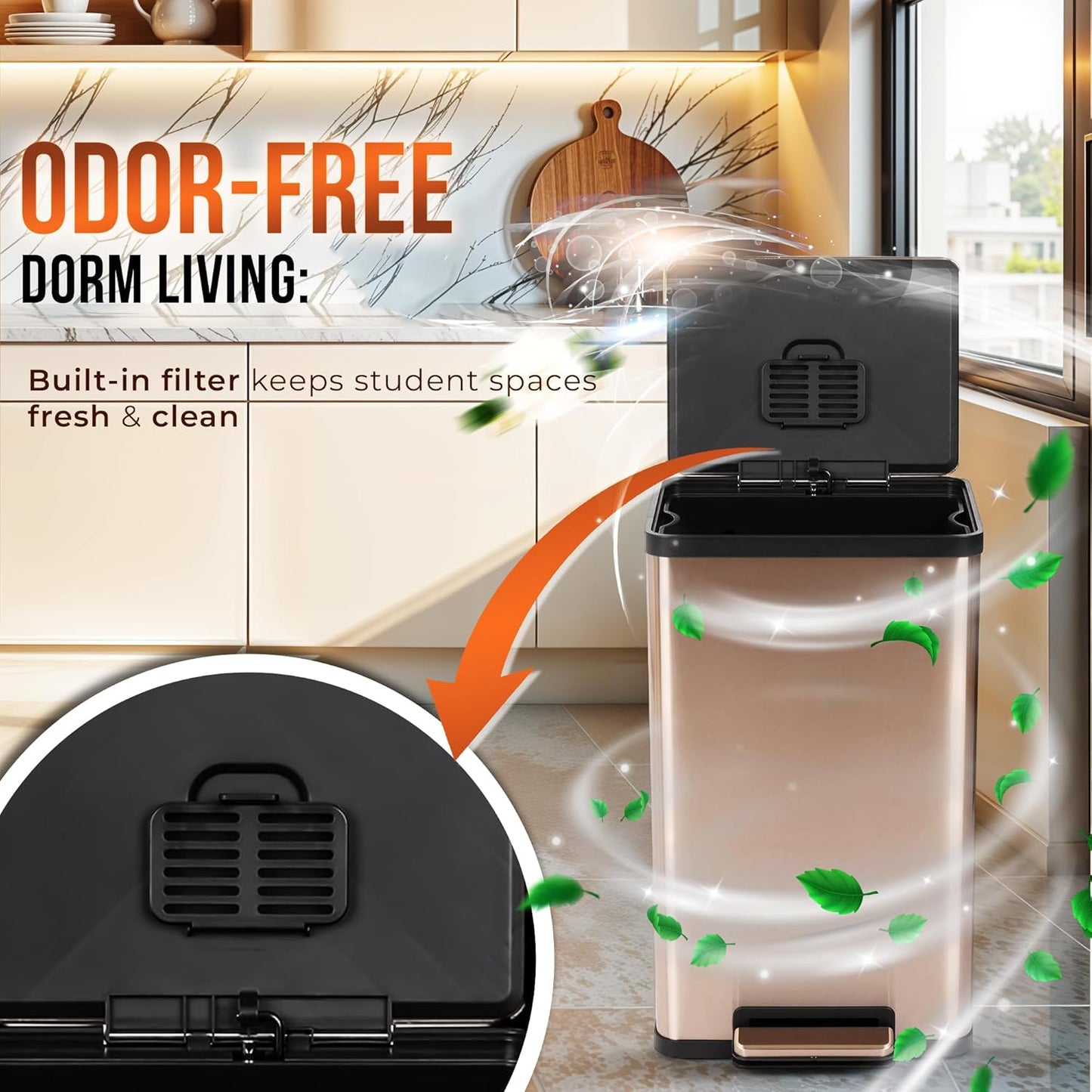 SIMPLI-MAGIC 50 Liter / 13.2 Gallon Soft-Close, Smudge Resistant Trash Can with Foot Pedal and Built in Filter- Stainless Steel, Rose Gold