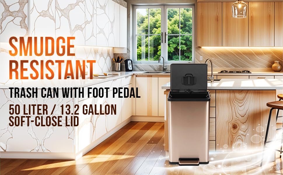 SIMPLI-MAGIC 50 Liter / 13.2 Gallon Soft-Close, Smudge Resistant Trash Can with Foot Pedal and Built in Filter- Stainless Steel, Rose Gold