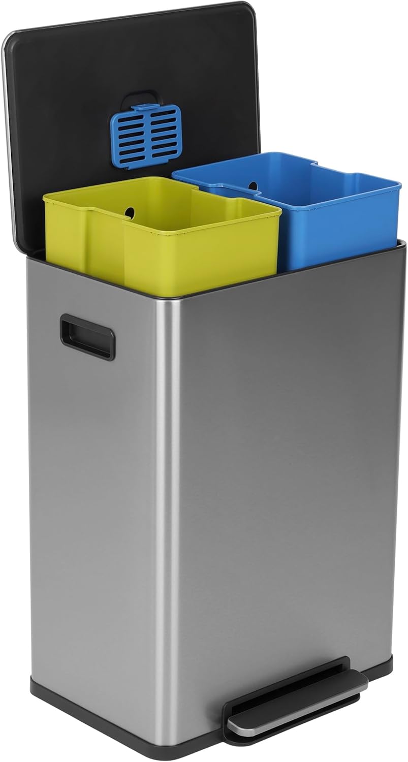 SIMPLI-MAGIC 16 Gallon (60L) Step Trash Can – Dual Compartment Kitchen Garbage Can – Waste & Recycling Bins, Slow-Close Lid, Odor Control, Hands-Free, Easy to Clean, Infinity Edge Stainless Steel
