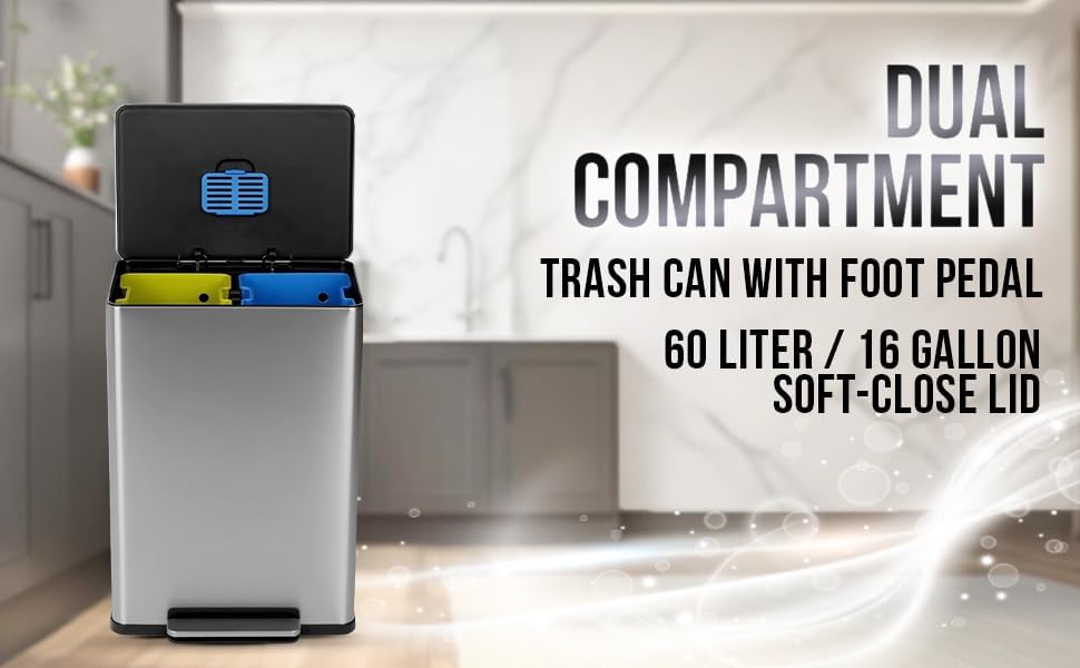 SIMPLI-MAGIC 16 Gallon (60L) Step Trash Can – Dual Compartment Kitchen Garbage Can – Waste & Recycling Bins, Slow-Close Lid, Odor Control, Hands-Free, Easy to Clean, Infinity Edge Stainless Steel