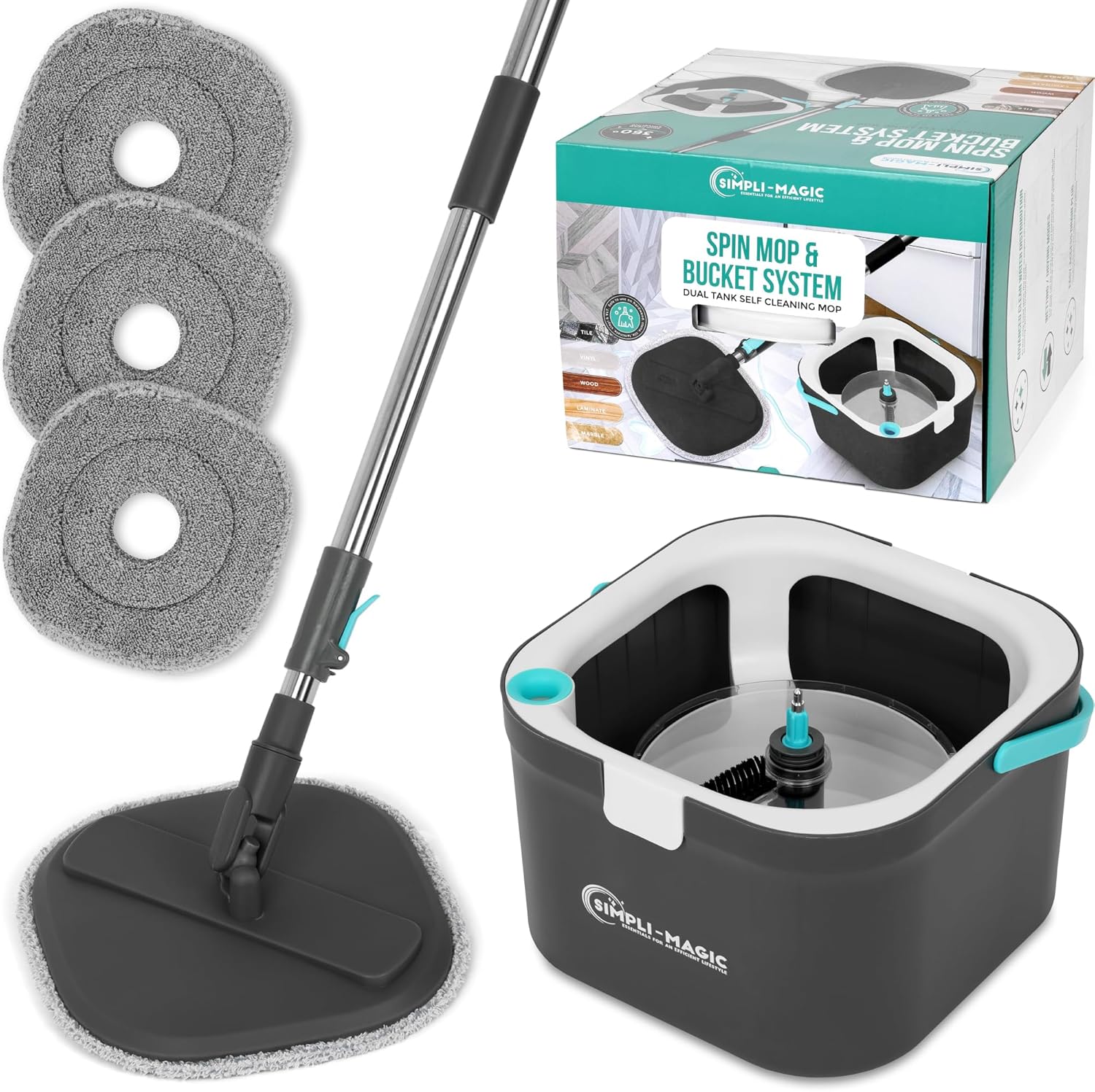 SIMPLI-MAGIC 360° Square Spin Mop and Bucket System – Dual Compartment ...
