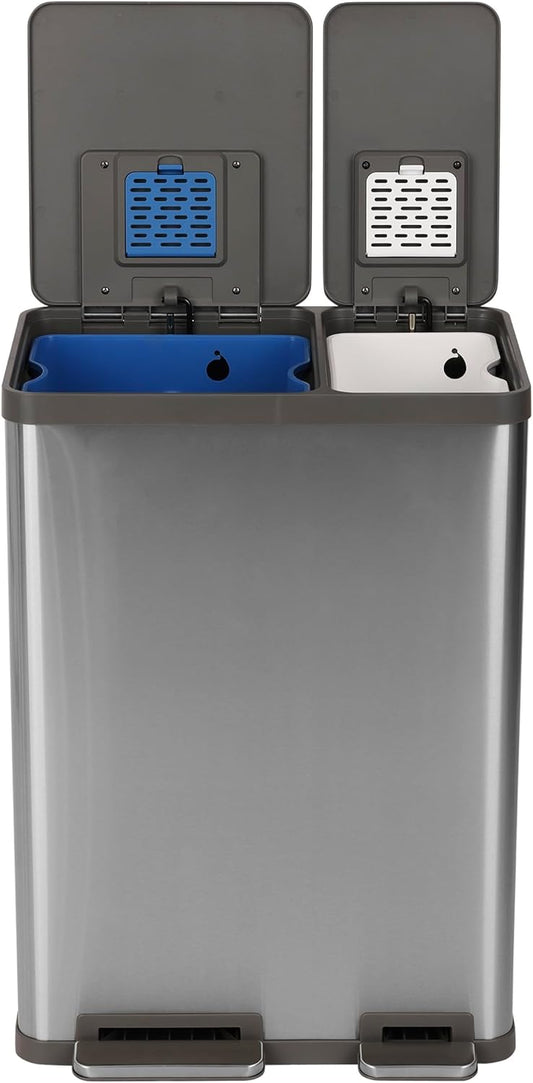SIMPLI-MAGIC 16 Gallon (38L x 22L) Dual Compartment Step Trash Can – Kitchen Garbage Can With Waste & Recycling Bins – Slow-Close Lid, Odor Control, Hands-Free, Easy to Clean, Brushed Stainless Steel