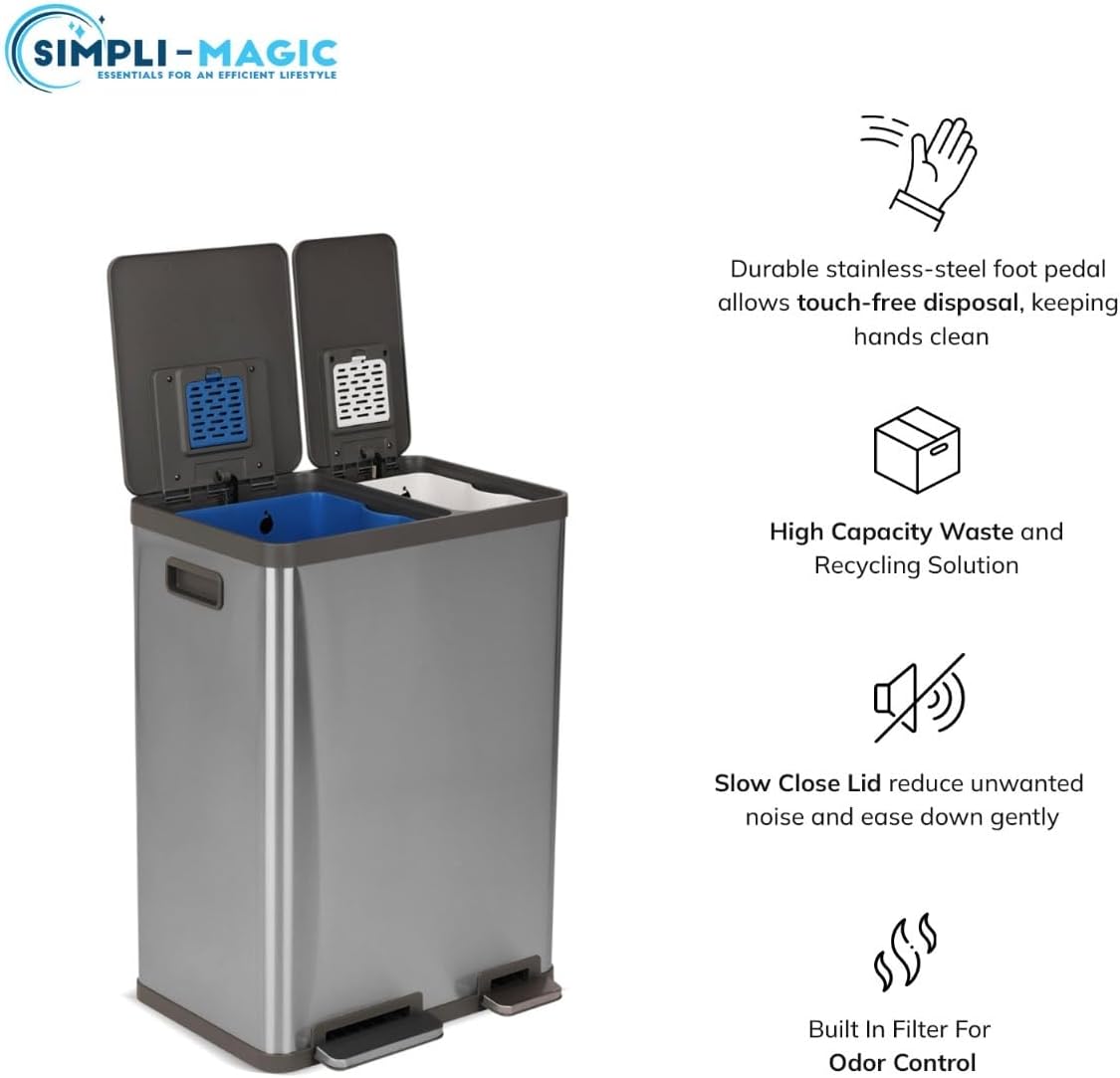 SIMPLI-MAGIC 16 Gallon (38L x 22L) Dual Compartment Step Trash Can – Kitchen Garbage Can With Waste & Recycling Bins – Slow-Close Lid, Odor Control, Hands-Free, Easy to Clean, Brushed Stainless Steel