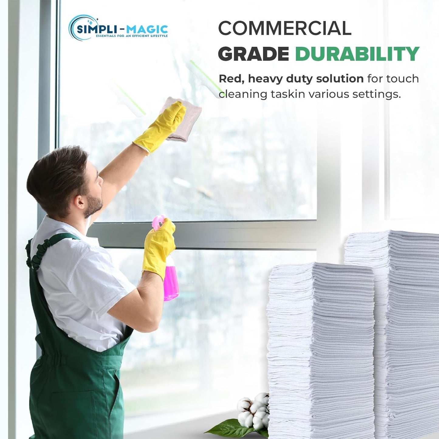SIMPLI-MAGIC Cotton Shop Towels 14"x12" (100 Pack) – Reusable Cleaning Shop Rags for Automobiles, Industries, Garage and Homes (White)
