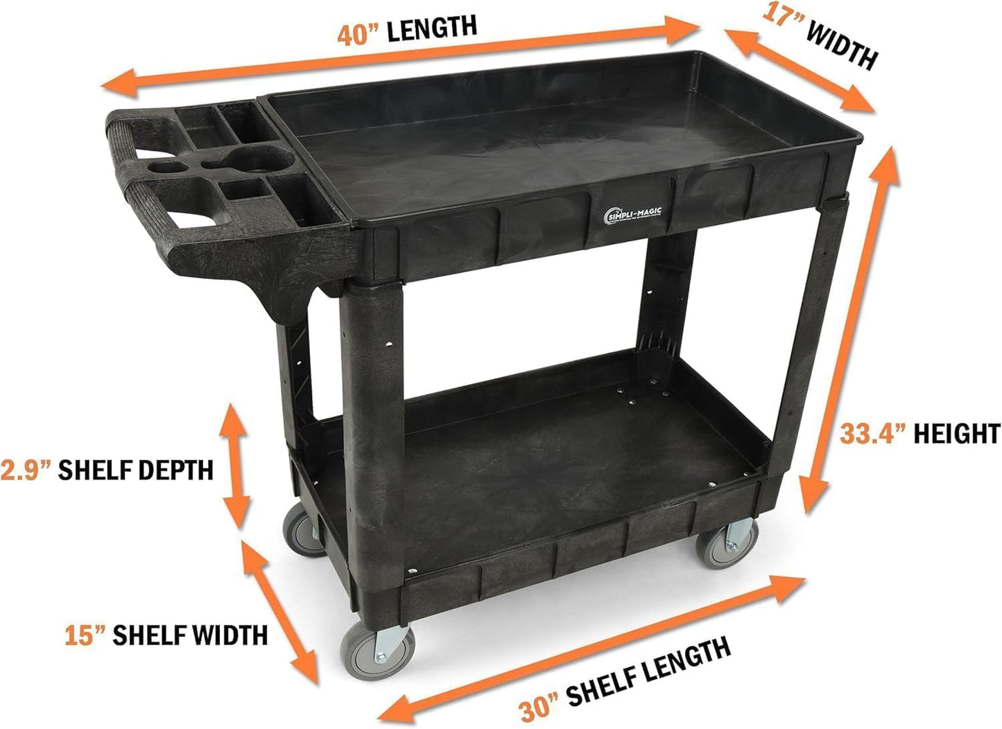 Simpli-Magic Rolling Utility Cart on Wheels, Heavy Duty Tool with Ergonomic Storage Handle and Deep Shelfs, Work Service for Garage, Warehouse, Workshop, 700-Pound Capacity 40 x 33 x 17-Inch