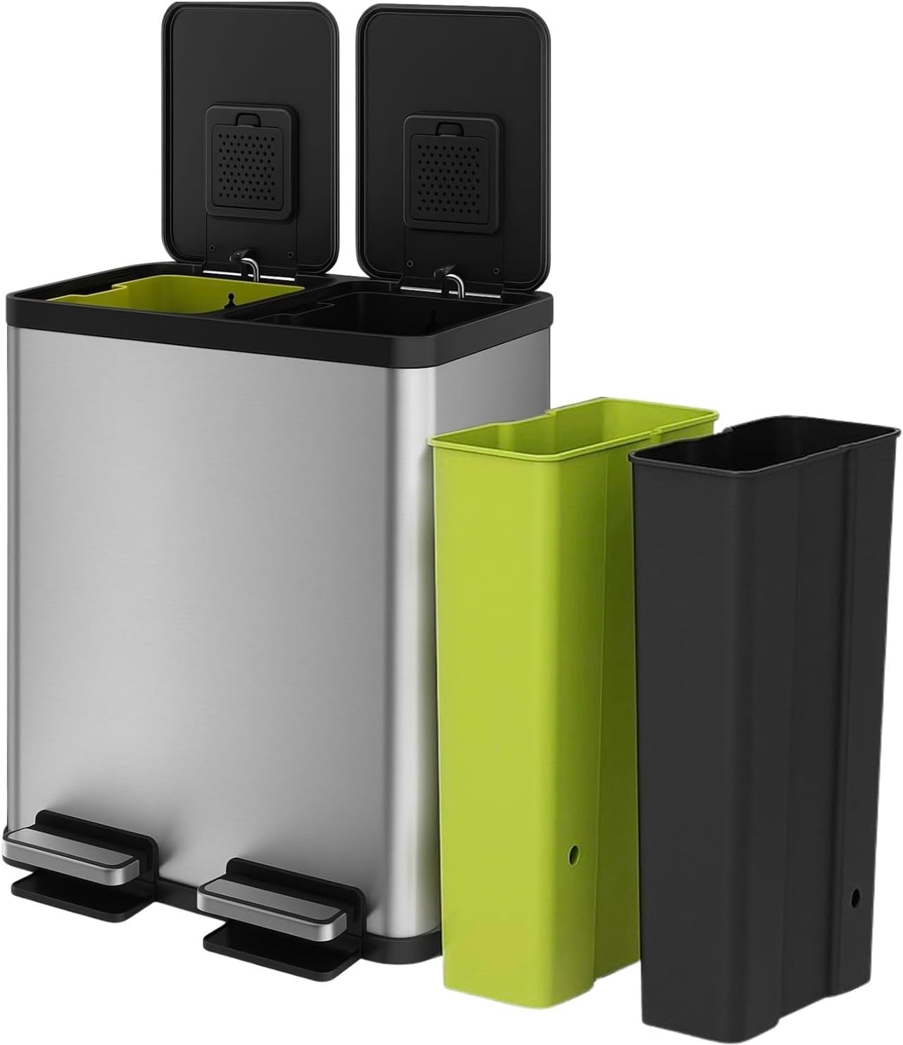SIMPLI-MAGIC 16 Gallon (30L x 30L) Dual Compartment Step Trash Can – Kitchen Garbage Can With Slow-Close Lids – Waste & Recycling Bins, Odor Control, Hands-Free, Easy to Clean, Stainless Steel