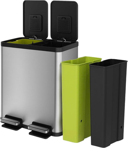 SIMPLI-MAGIC 16 Gallon (30L x 30L) Dual Compartment Step Trash Can – Kitchen Garbage Can With Slow-Close Lids – Waste & Recycling Bins, Odor Control, Hands-Free, Easy to Clean, Stainless Steel