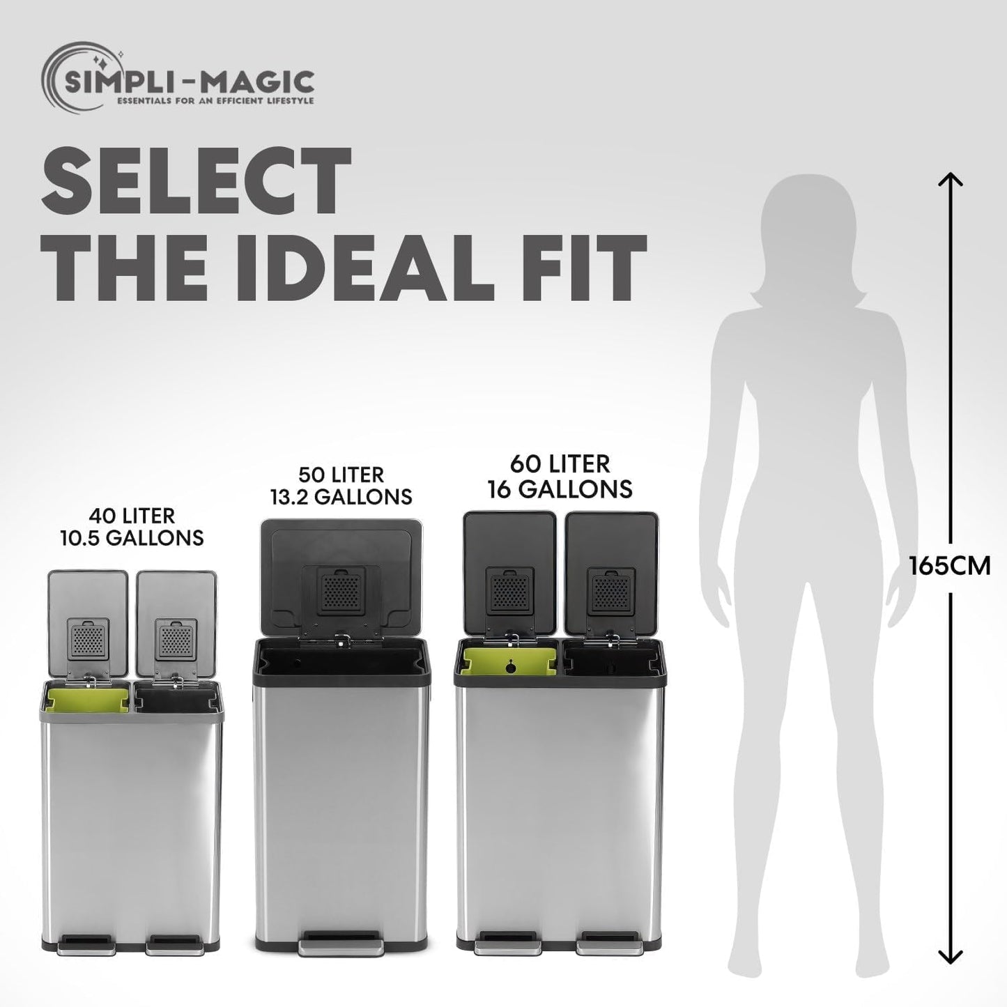 SIMPLI-MAGIC 16 Gallon (30L x 30L) Dual Compartment Step Trash Can – Kitchen Garbage Can With Slow-Close Lids – Waste & Recycling Bins, Odor Control, Hands-Free, Easy to Clean, Stainless Steel