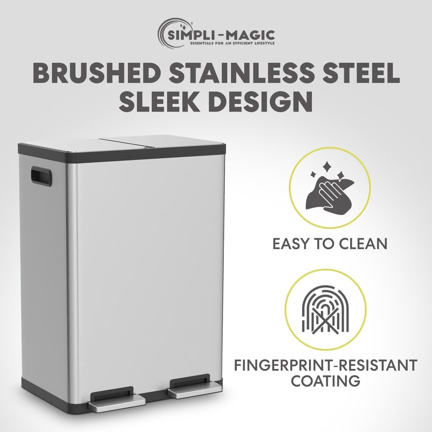 SIMPLI-MAGIC 16 Gallon (30L x 30L) Dual Compartment Step Trash Can – Kitchen Garbage Can With Slow-Close Lids – Waste & Recycling Bins, Odor Control, Hands-Free, Easy to Clean, Stainless Steel