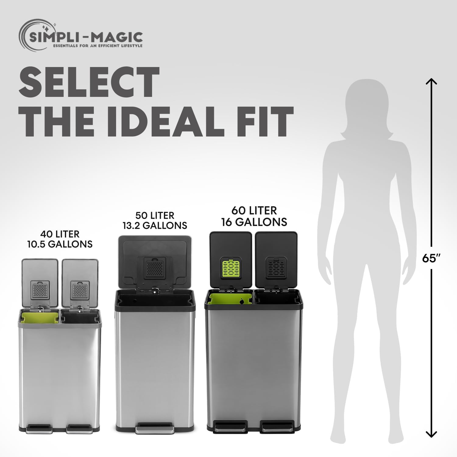 SIMPLI-MAGIC 16 Gallon (60L) Elegant Black Step Trash Can – Dual